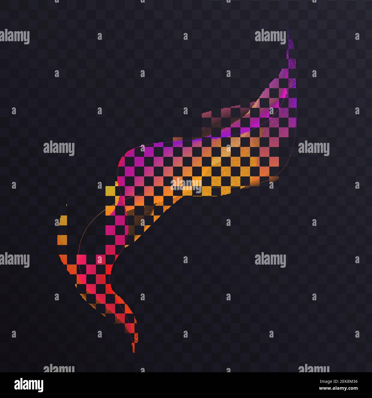 Abstract luminous wavy shape with gradient light effect vector illustration. Magic spiral tail, wave design template element with yellow red magenta bright colors on transparent dark background Stock Vector
