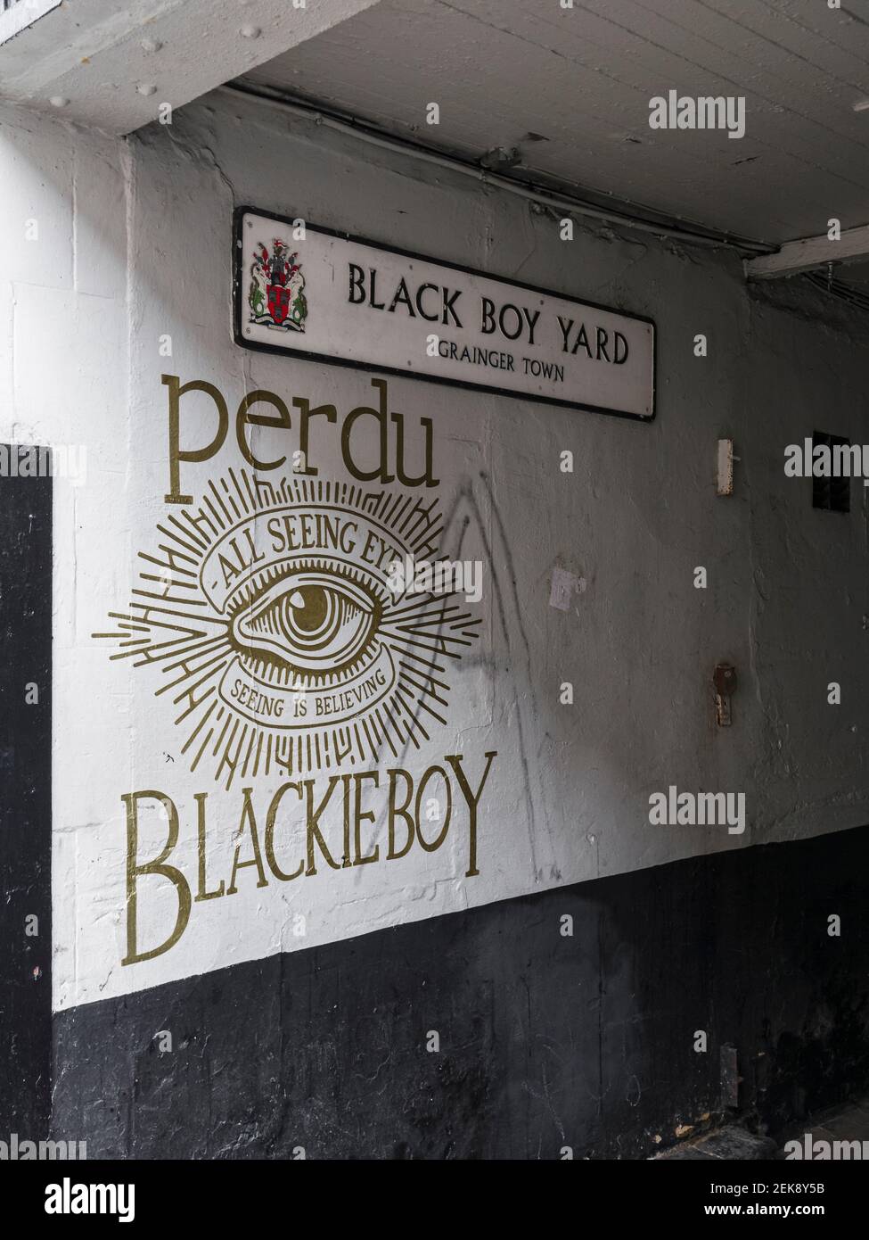 Blackie Boy public house exterior in Newcastle upon Tyne Bigg Market, UK Stock Photo