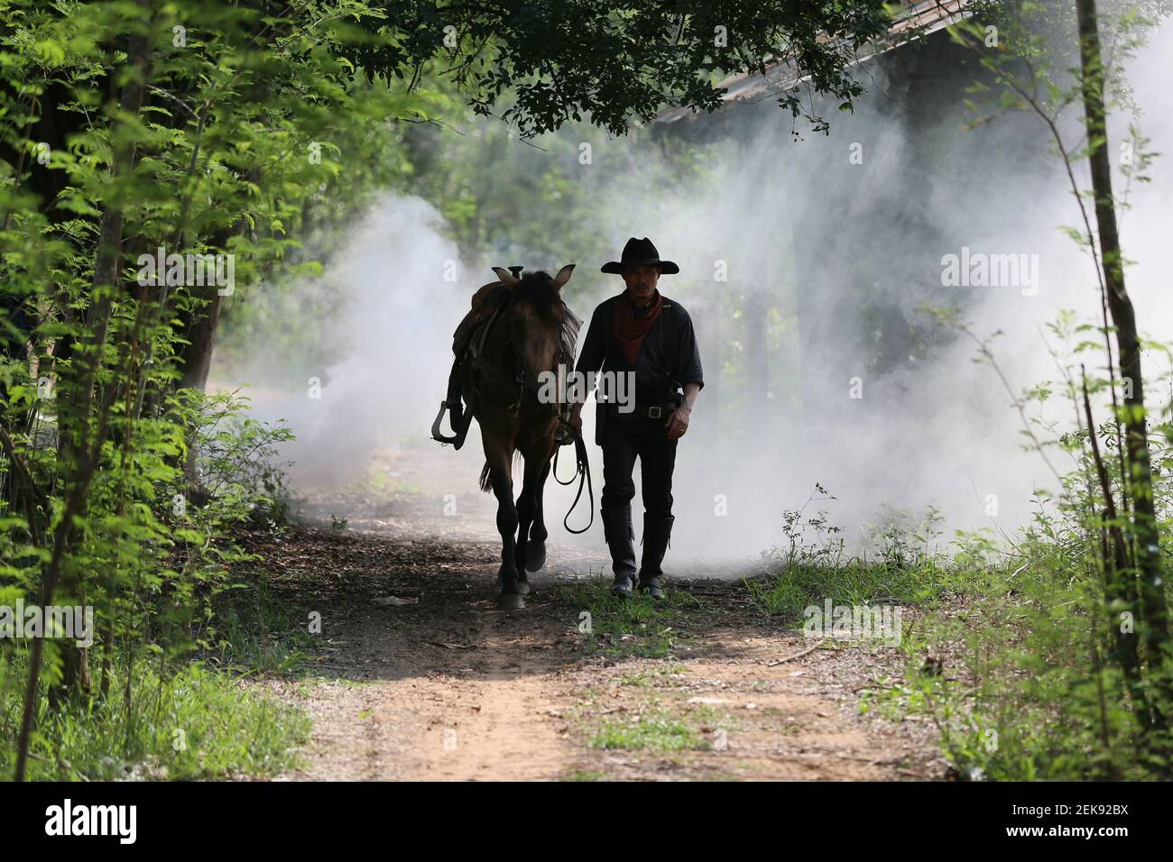 The silhouette of  rider as cowboy outfit costume with a horses and a gun held in the hand against smoke and sunset background Stock Photo