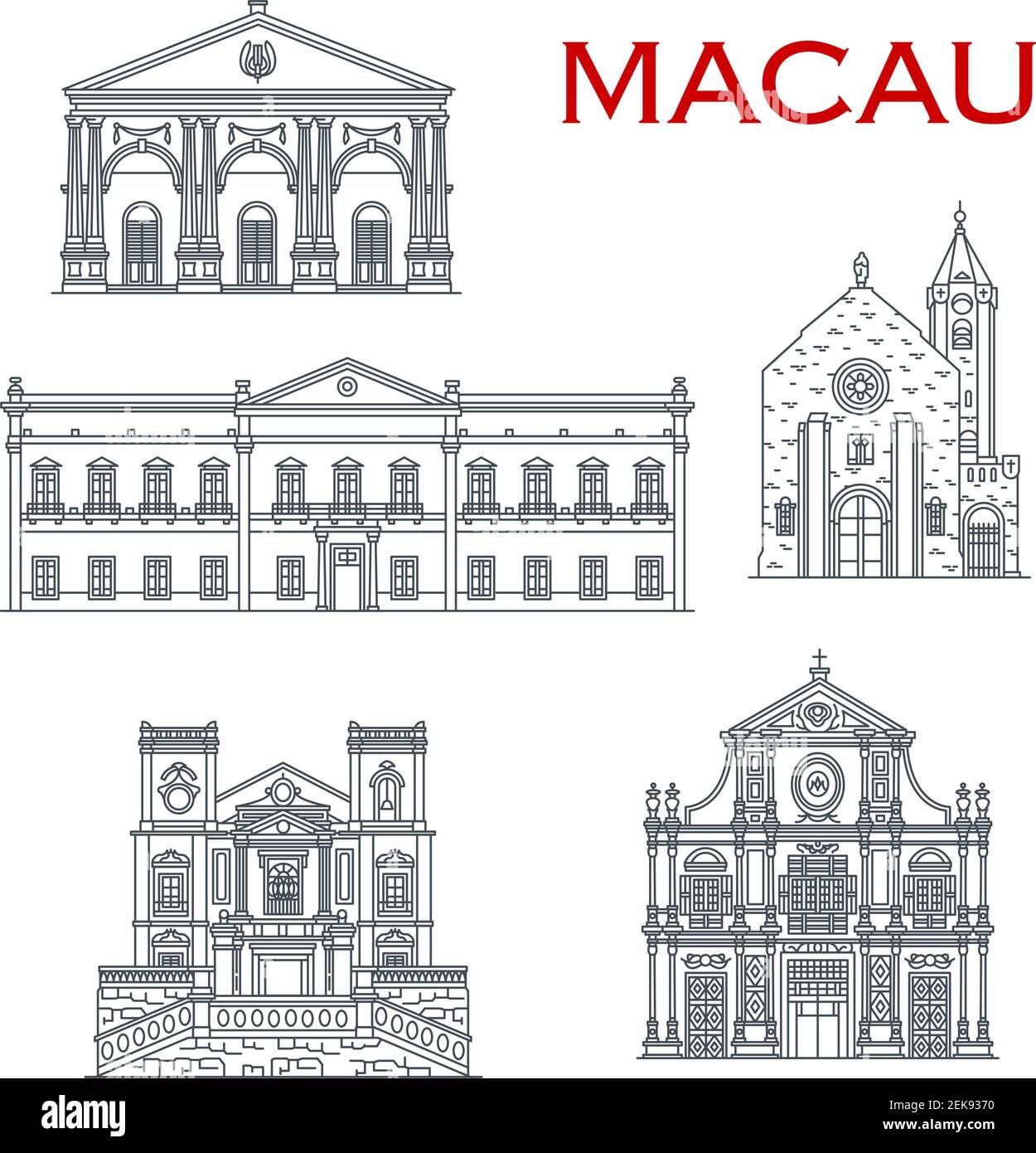 Chinese travel landmark vector icons with asian architecture of Macau. Penha Church, Dom Pedro Theatre and Leal Senado Building, St Lawrence and St Do Stock Vector