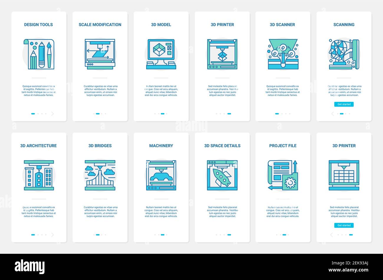 3d modeling design vector illustration. UX, UI onboarding mobile app page screen set with line machinery equipment and tools for designing, architecture project of machine model and outline details Stock Vector