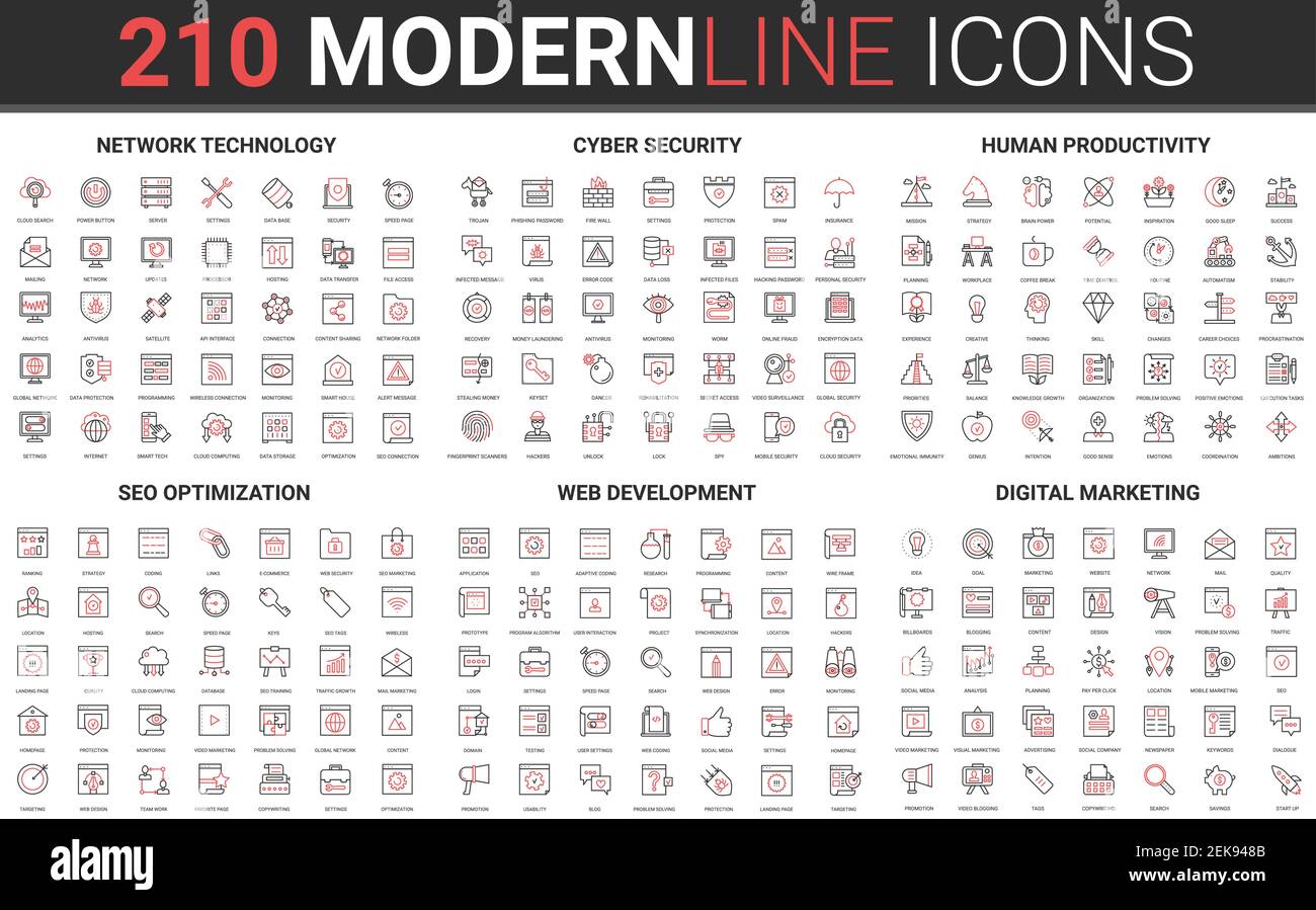 210 modern red black thin line icons set of digital marketing, human productivity, network technology, cyber security, SEO optimization, web development collection vector illustration. Stock Vector