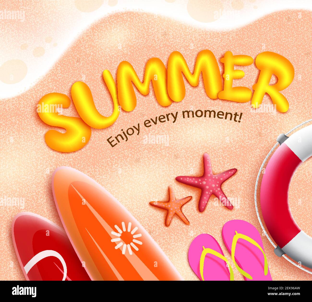 Summer 3d vector concept design. Summer enjoy every moment text in sand beach background with surfboard, lifebuoy and flipflop elements for travel. Stock Vector