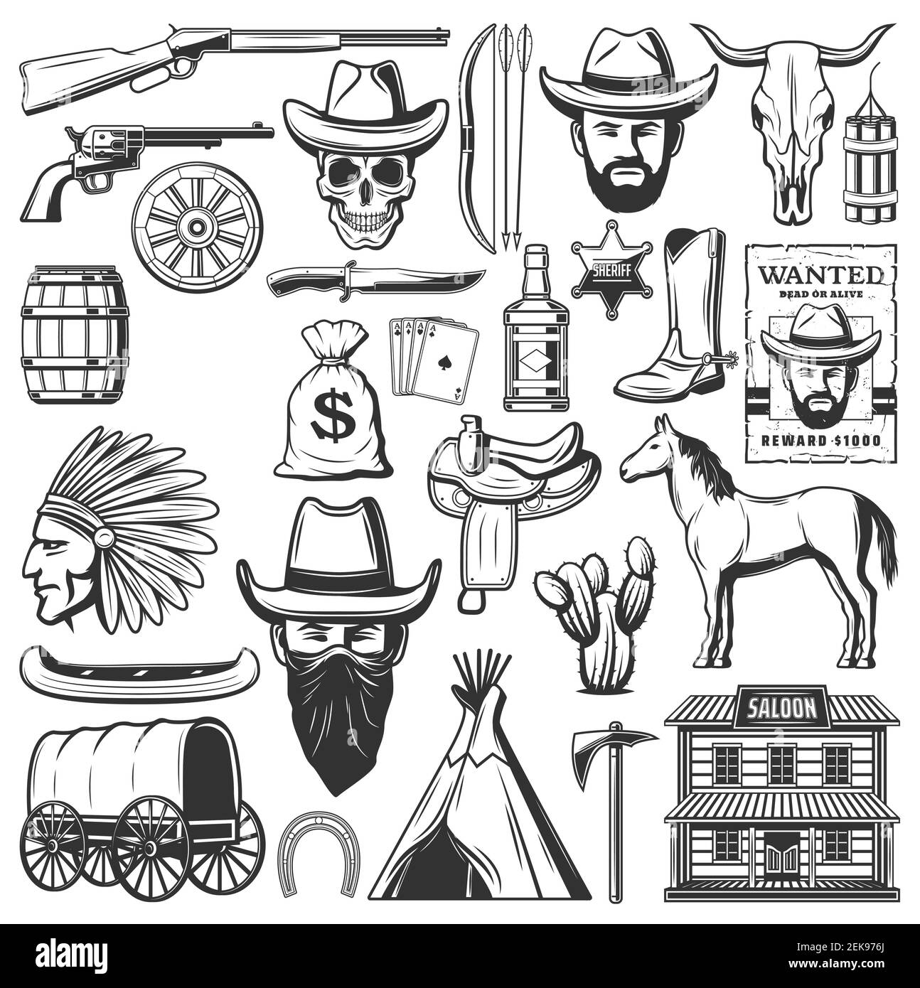 Wild West cowboys, American Western sheriff and Indigenous symbols. Vector canoe and wigwam hunt, wanted robber poster, wagon cart and horse saddle or Stock Vector