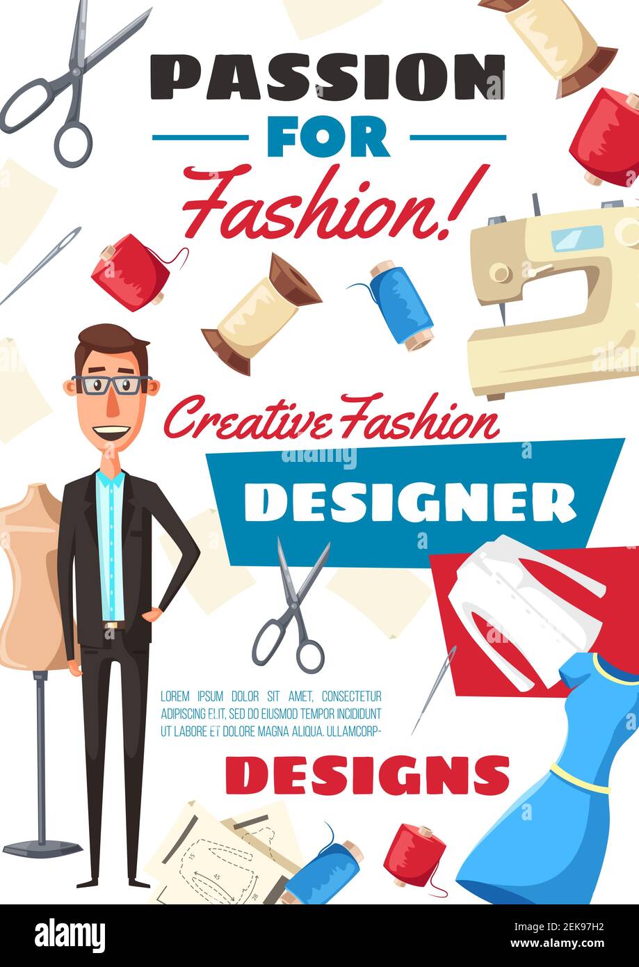 Fashion designer profession, atelier dressmaker tailor. Vector man with