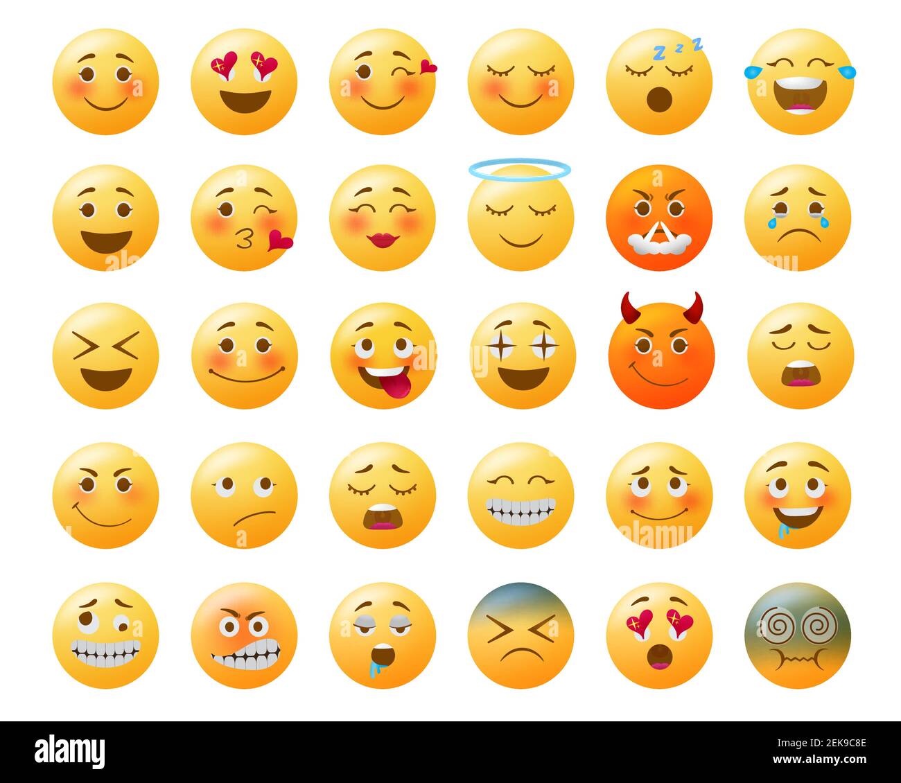 Smileys emoticon vector set. Smiley yellow emoji with happy, in love, sad and angry facial expressions and emotions for icon collection design. Stock Vector