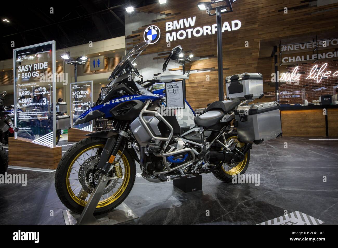A BMW R1250GS Adventure motorcycle seen at the BMW Motorrad stand during  the 41st Bangkok International Motor Show 2020. The exhibition started  today on July 15th and will run until July 26th.