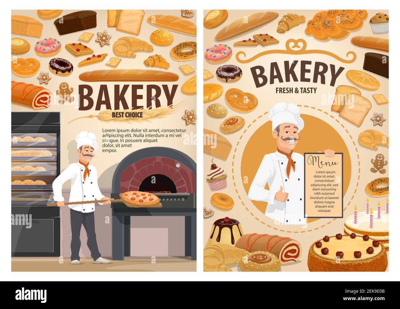 Baker at bakery shop baking bread, desserts and pastry sweets. Vector baker in hat at oven with menu, bagel or pretzel donut or cupcake and bun, sweet Stock Vector