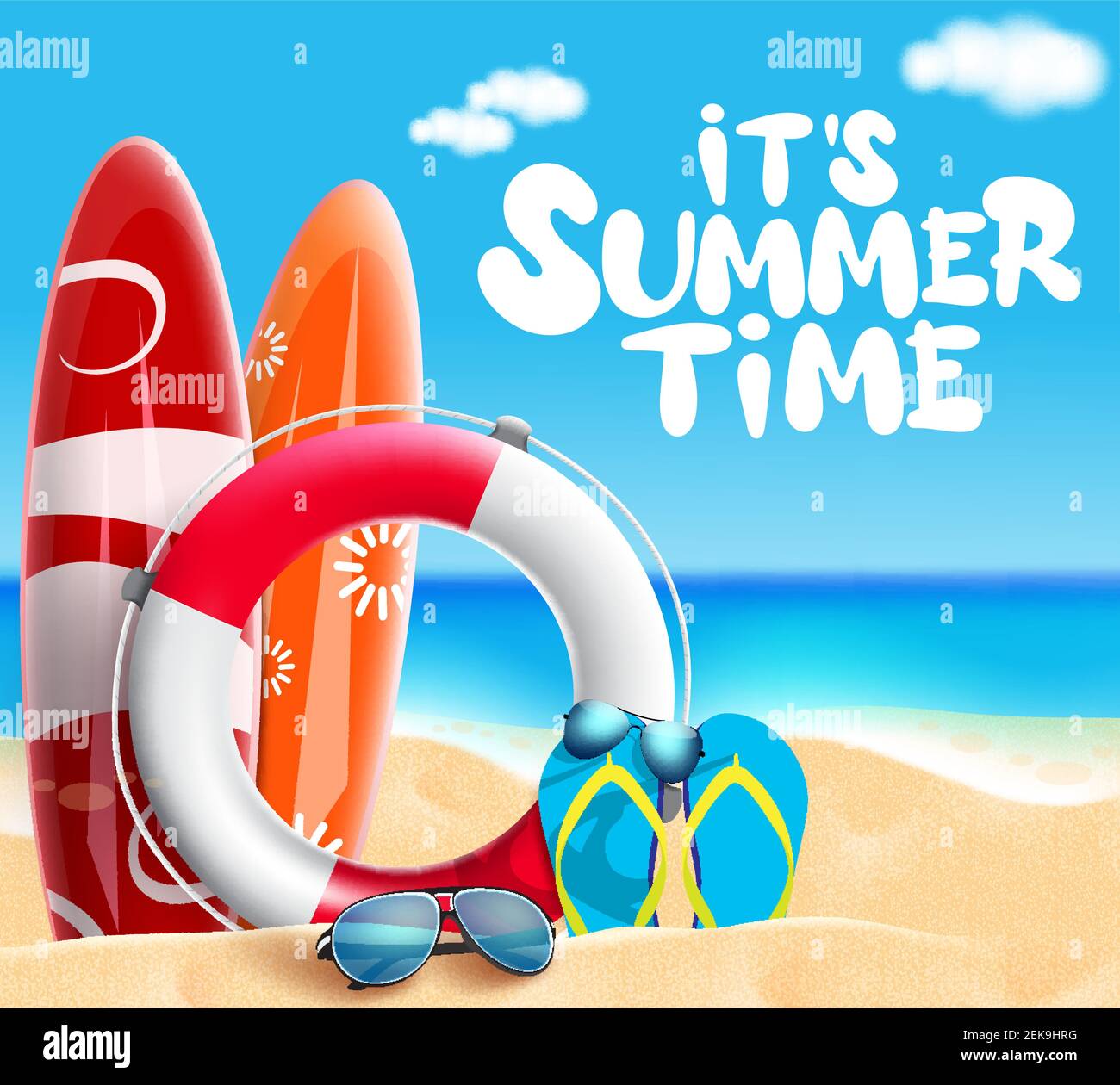 Summer time vector banner design. It's summer time text with beach element like surfboard, lifebuoy and sunglasses in sea and sand background for fun. Stock Vector