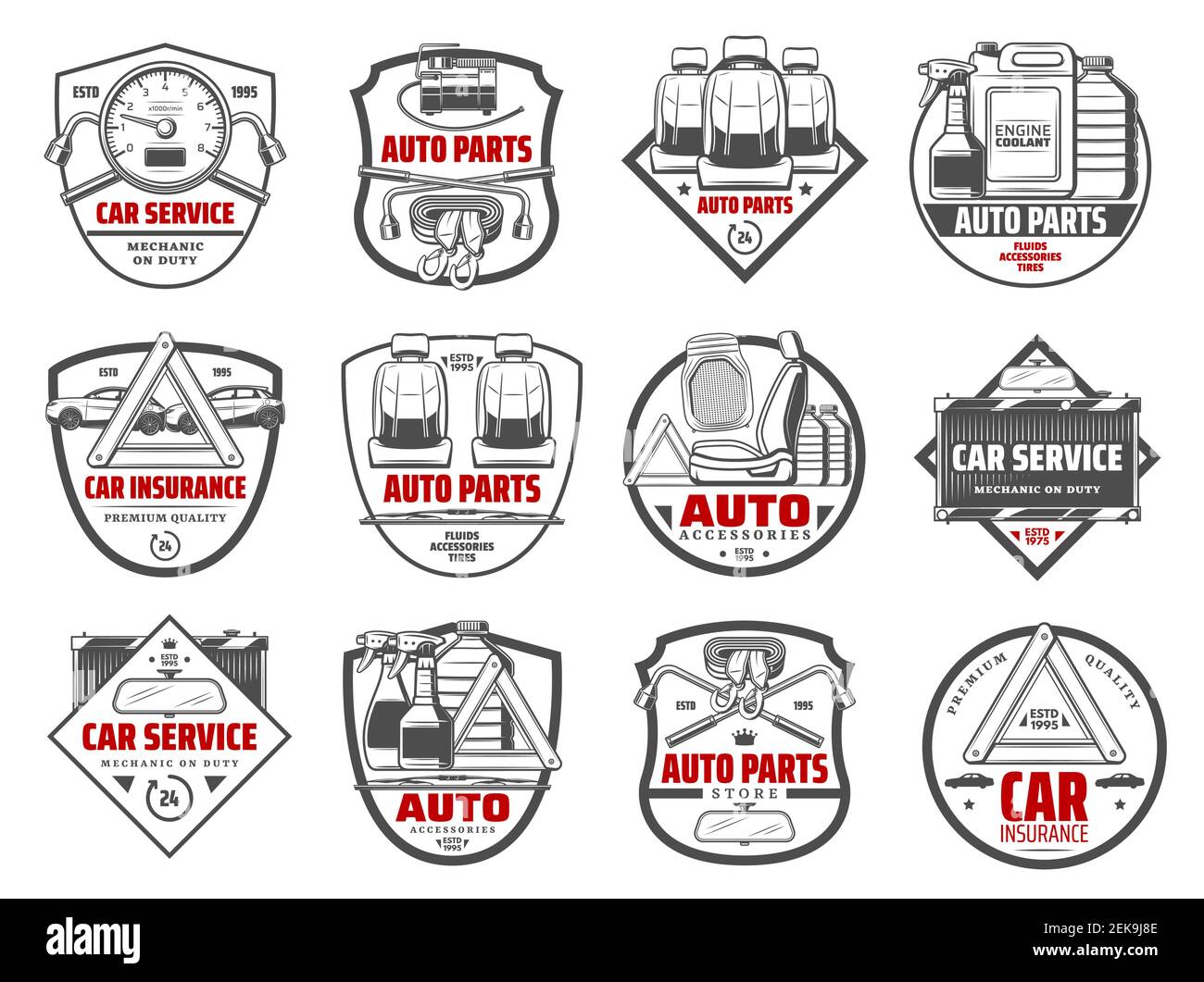 Auto spare parts and car accessory workshop icons. Vector tow belt, oils and chemical fluids, automotive service lung wrench tool and radiator, uphols Stock Vector