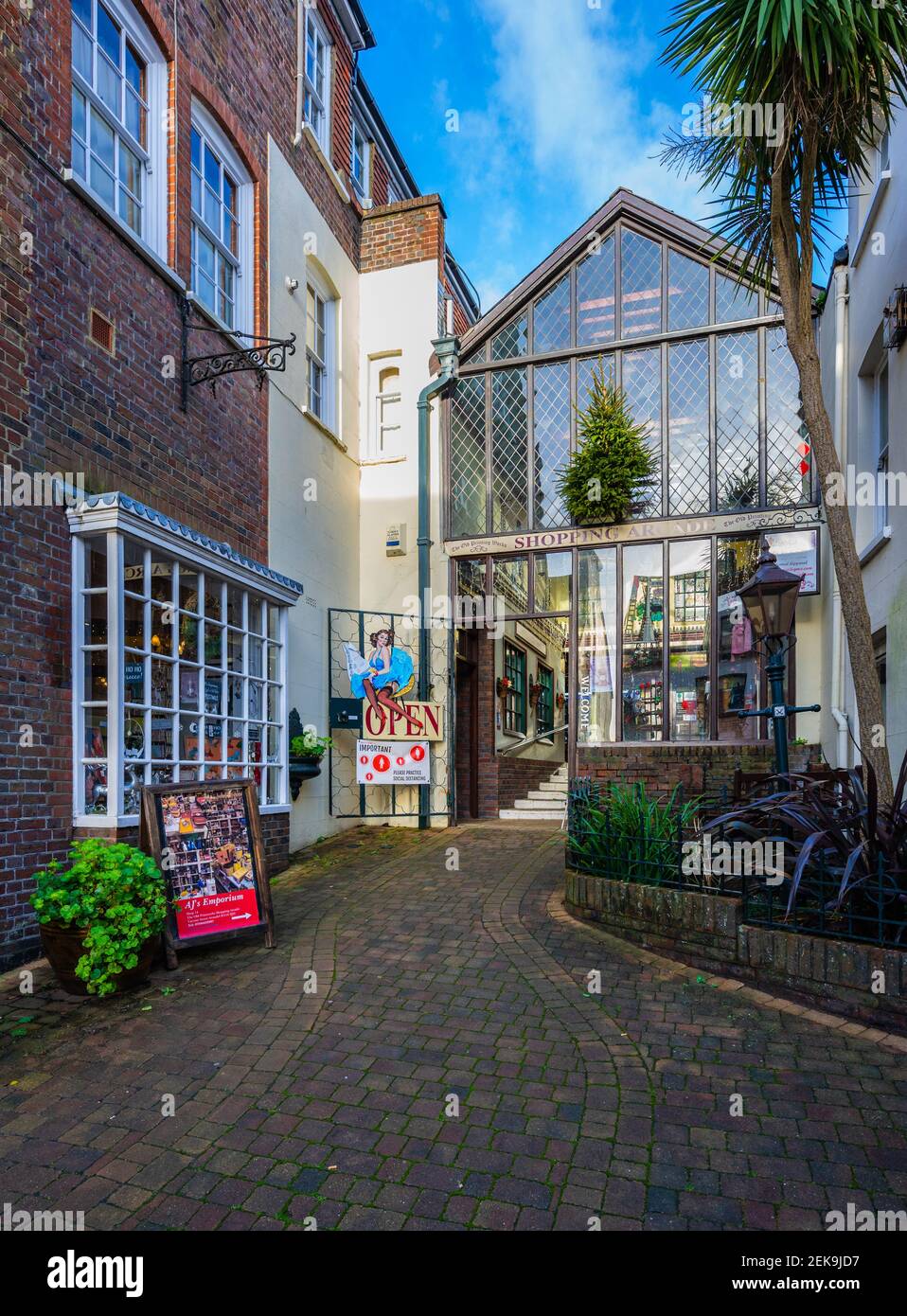 The Old Printing Works Shopping Arcade entrance in Arundel, West Sussex, England, UK. Stock Photo