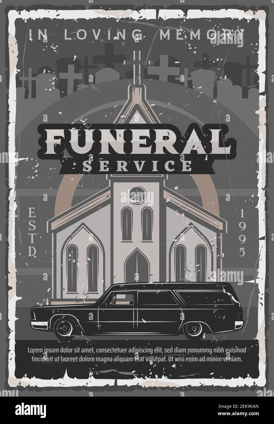Funeral service vintage vector poster of medieval church or cathedral