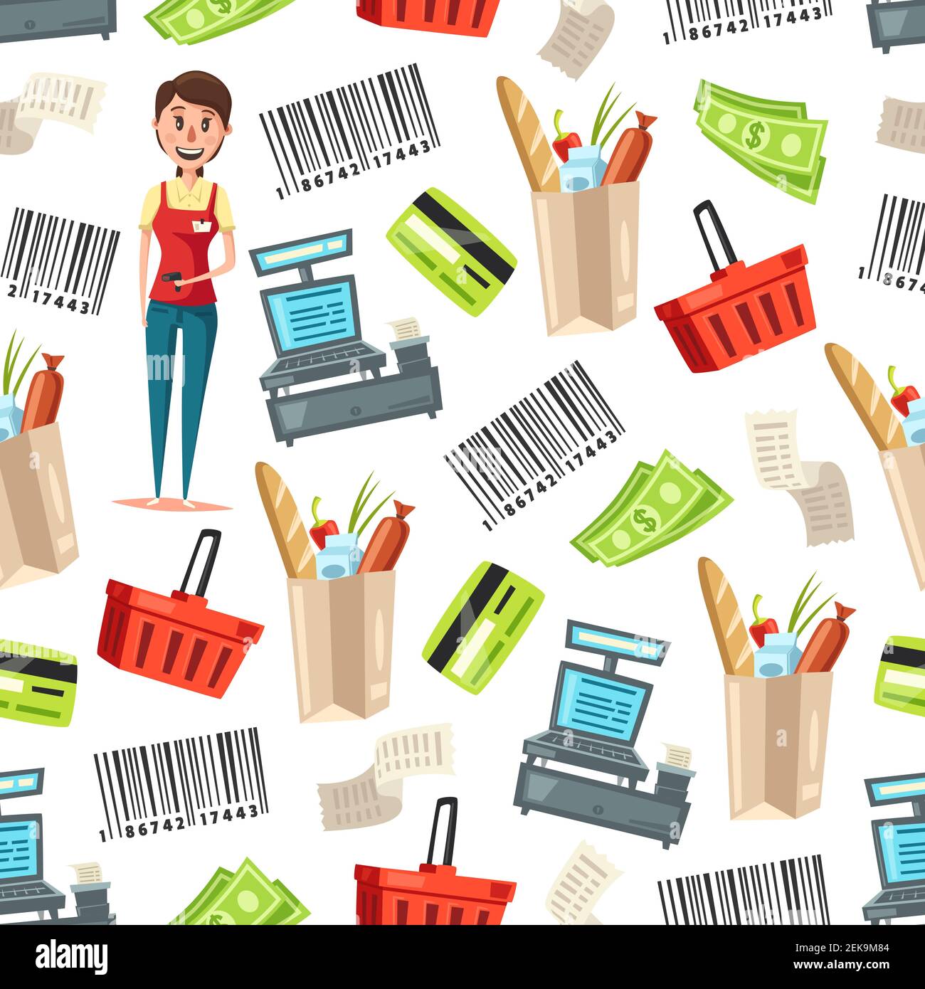 Cashier or woman seller of supermarket and store vector seamless pattern. Retail background with saleswoman, cash registers and food bags, money, barc Stock Vector