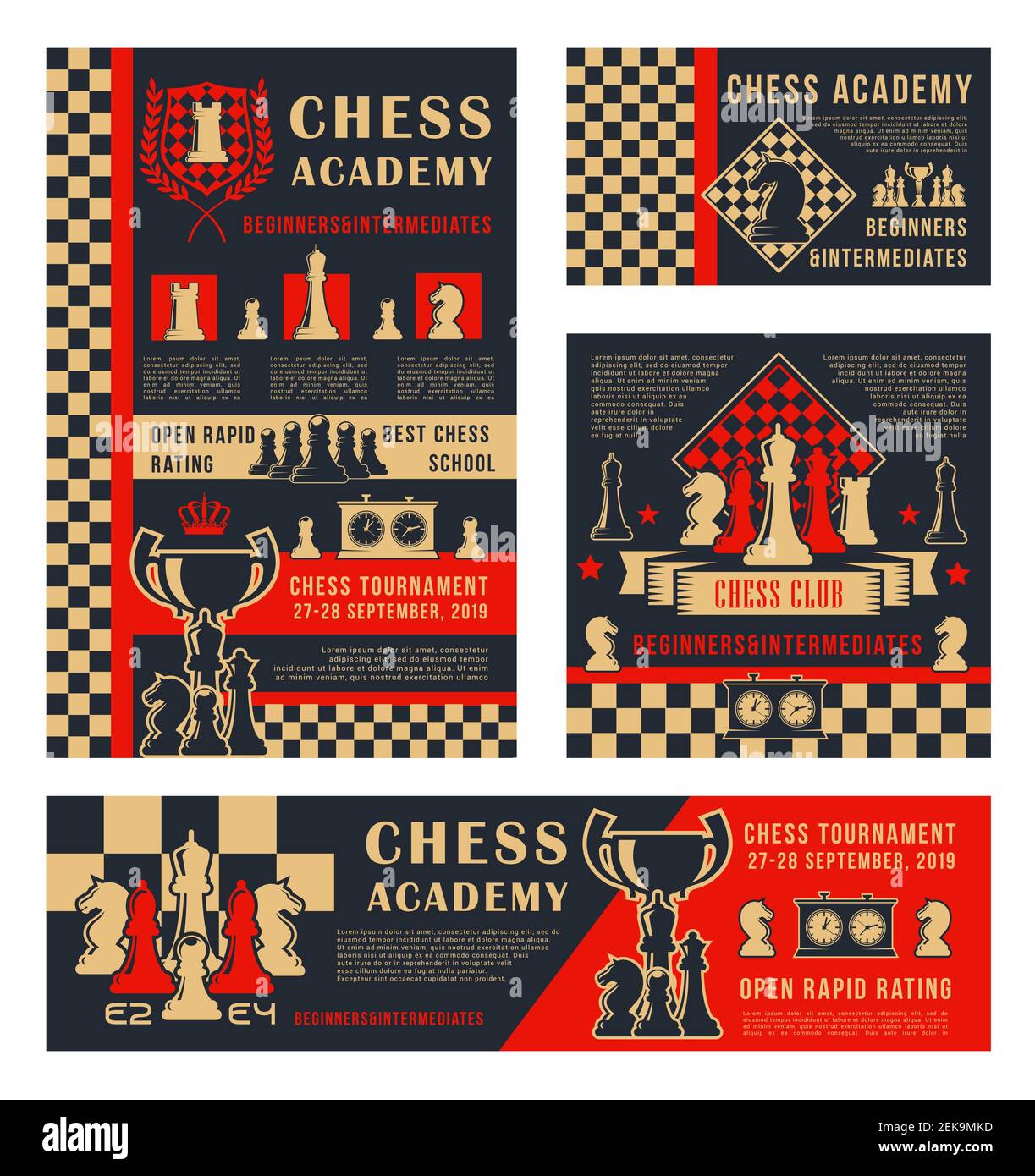 Chess sport tournament and school or academy championship banners. Vector chess leisure game pieces horse, rook and king crown on chessboard with scor Stock Vector