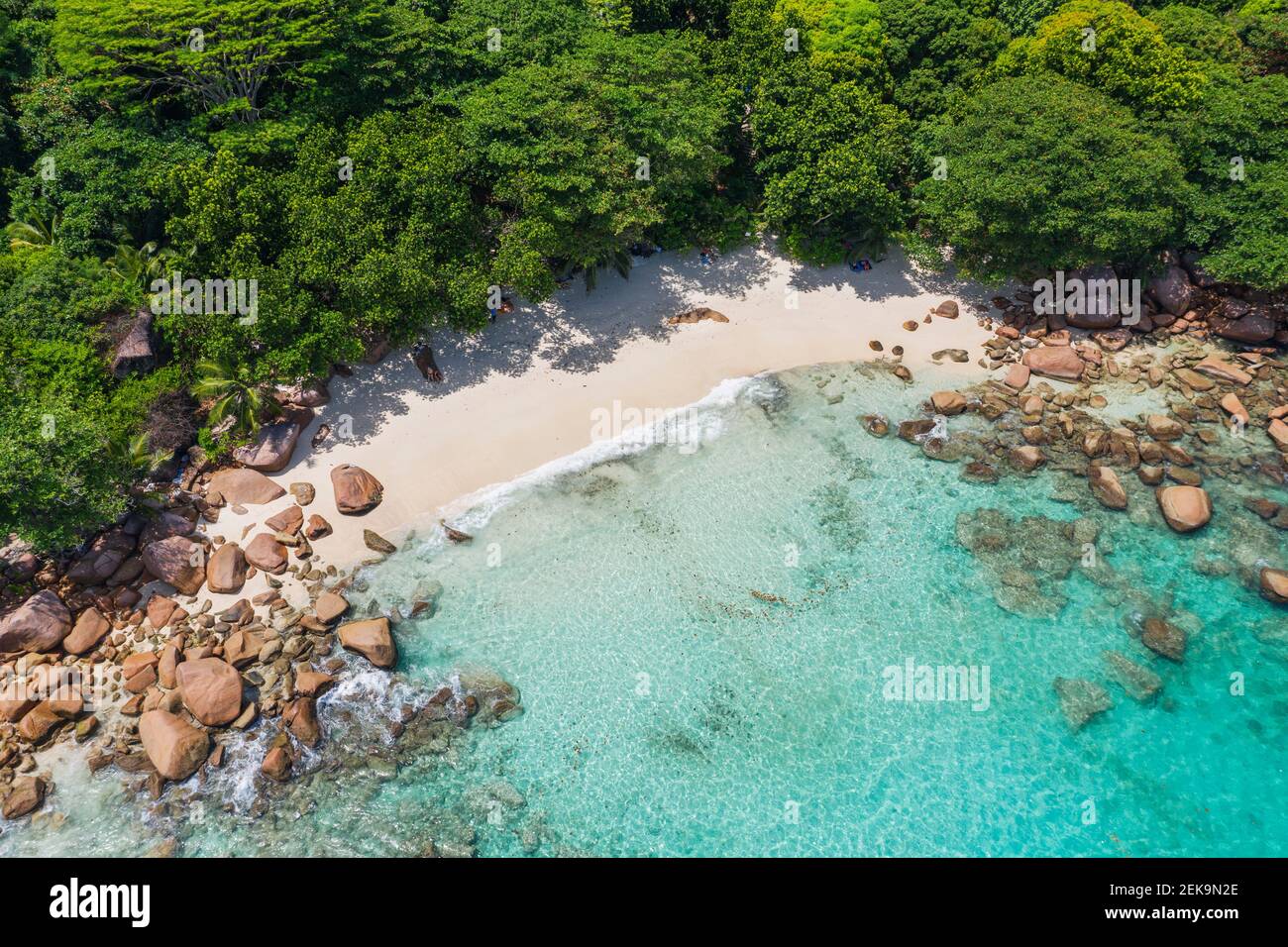 Seychelles, Praslin Island, Aerial view of Anse Lazio sandy beach with ...