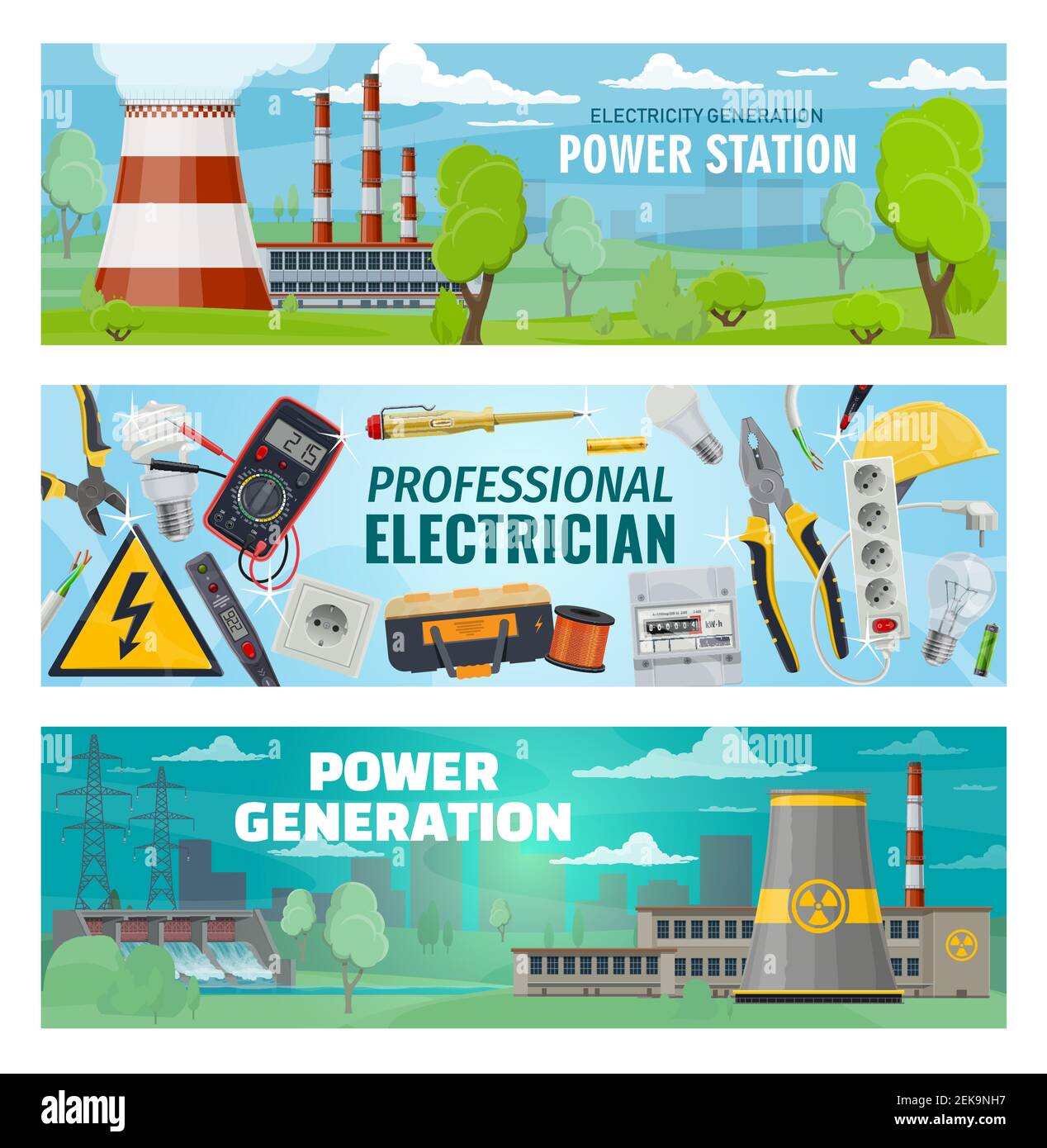 Power stations, energy generation and electrician engineer tools