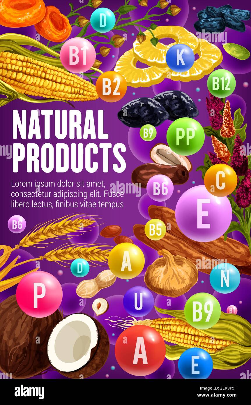 Dried fruits, nuts and cereals rich of vitamins and minerals vector