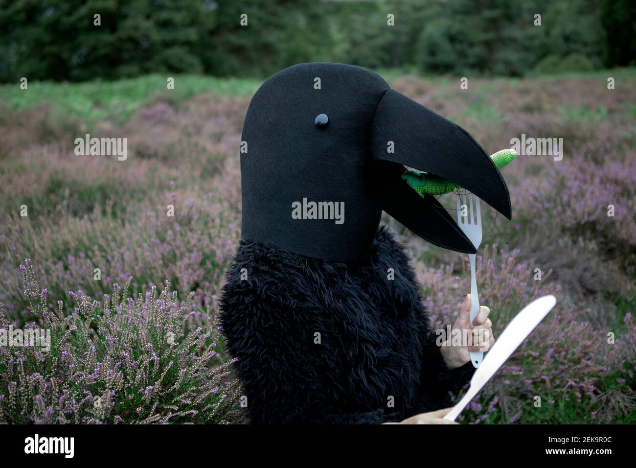 Women wearing crow costume eating grasshopper in meadow Stock Photo