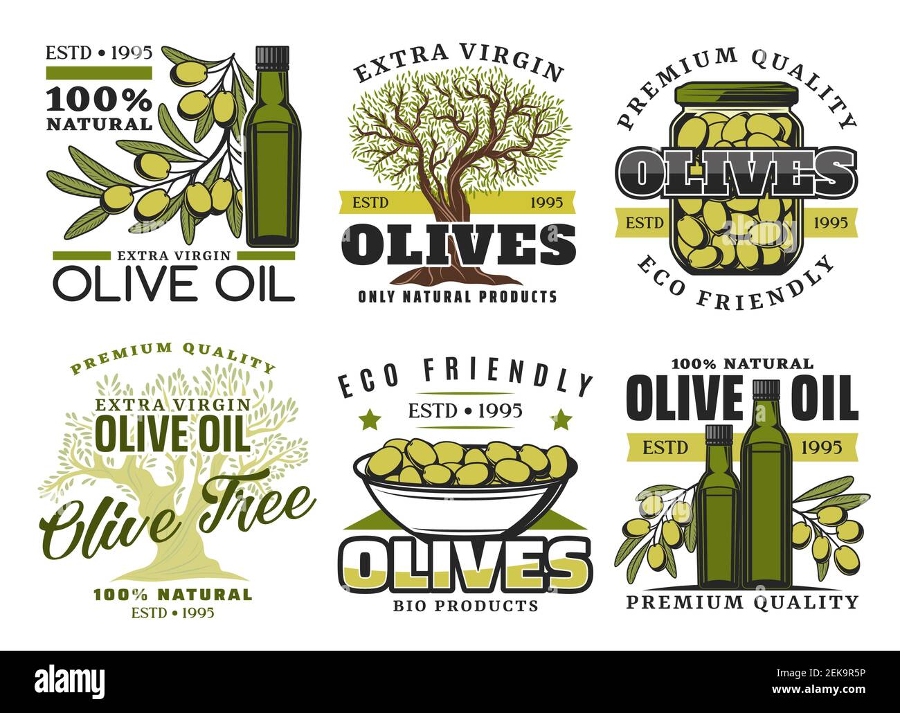 Green olives and olive oil icons. Vector extra virgin olive oil bottle ...