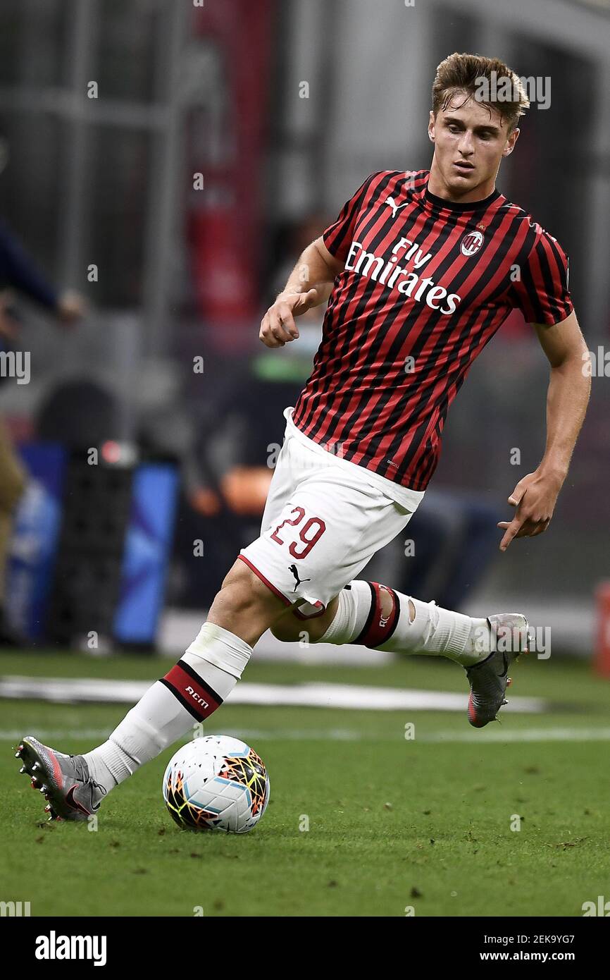 MILAN, ITALY - July 18, 2020: Lorenzo Colombo of AC Milan in action during  the Serie A football match between AC Milan and Bologna FC. AC Milan won  5-1 over Bologna FC. (