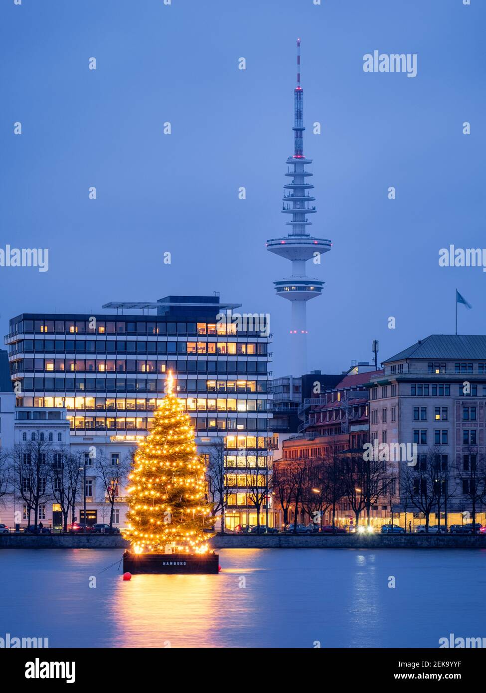 Germany, Hamburg, Inner Alster, Heinrich Hertz Tower, Lake and city view with Christmas decorations Stock Photo
