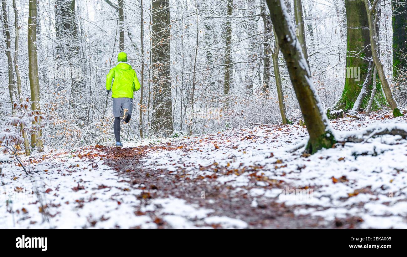 Young male athlete in green sports clothing jogging in forest during winter Stock Photo