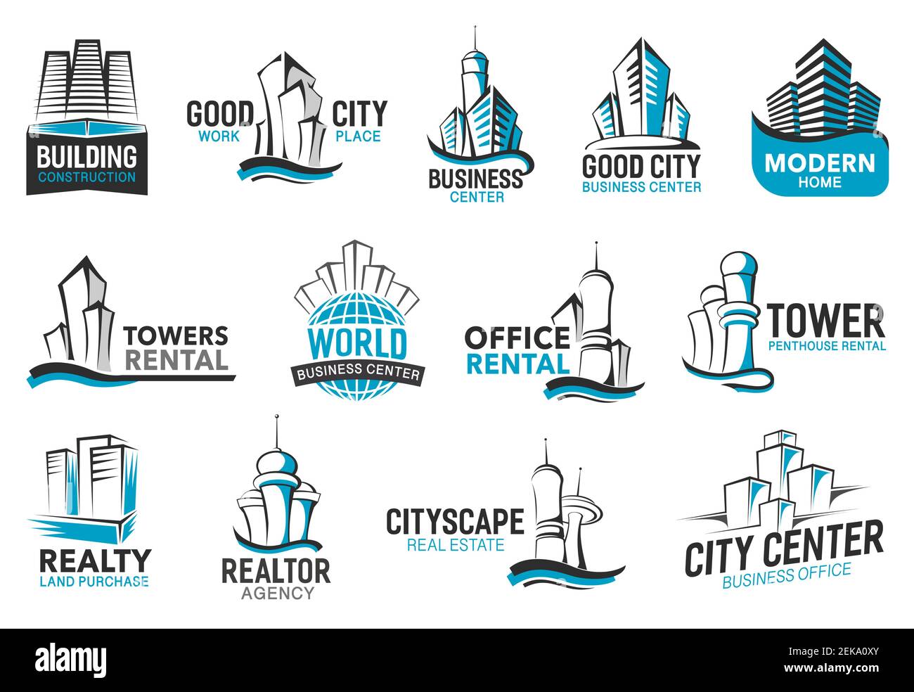 Building icons of real estate agency, construction corporation and business office rent company. Vector city houses, world trade centers and urban res Stock Vector
