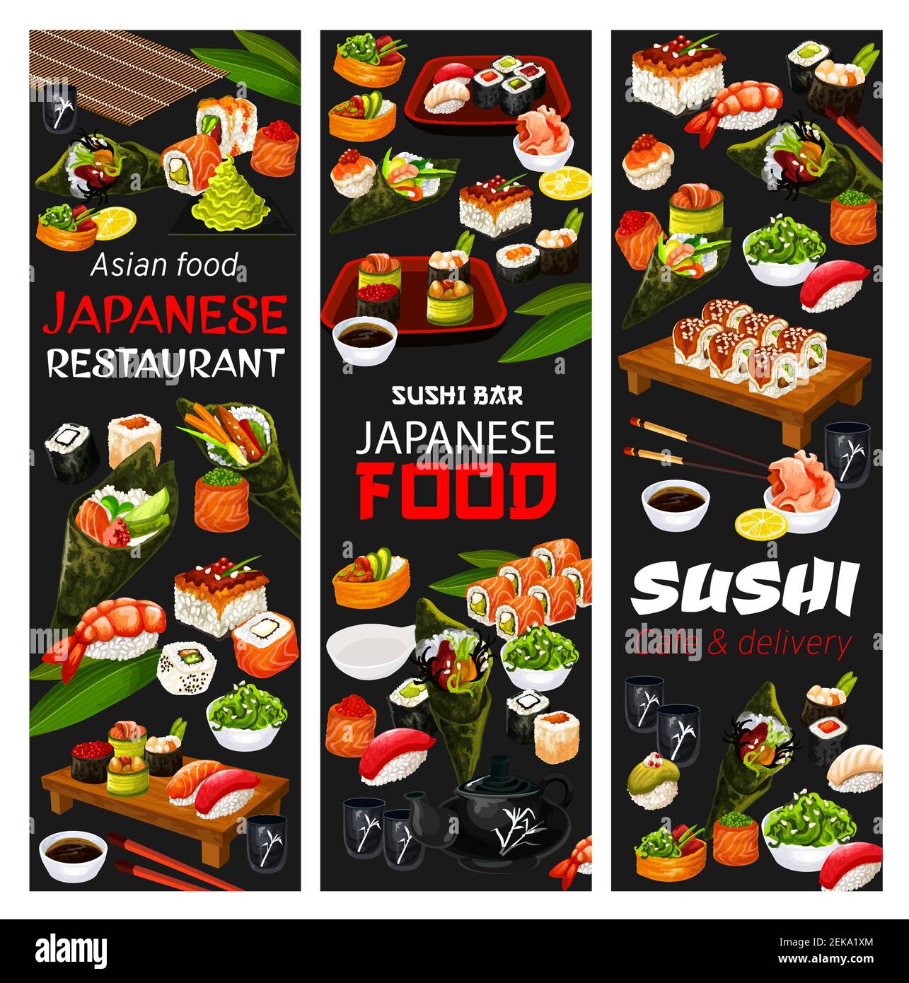 Japanese sushi restaurant and Asian cafe delivery menu. Vector Japan