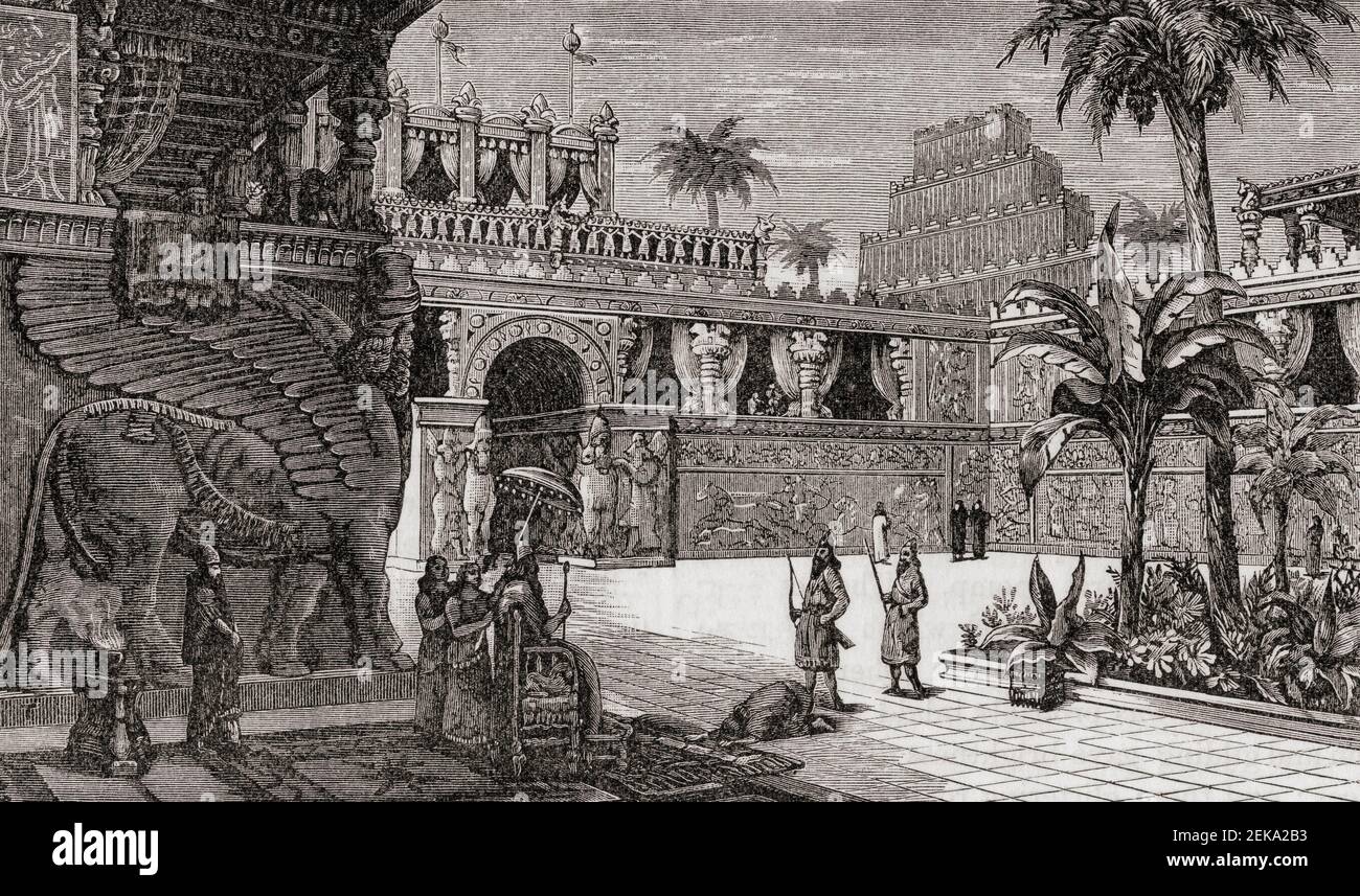 Artist's impression of an Assyrian palace.  From Cassell's Universal History, published 1888. Stock Photo