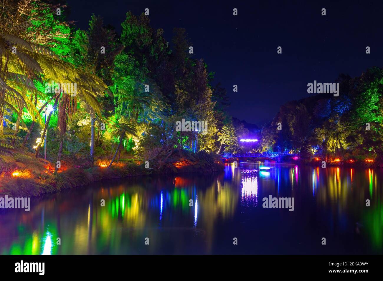 Pukekura Park, New Plymouth, New Zealand. The trees around the lake beautifully lit up for the annual Festival of Lights Stock Photo
