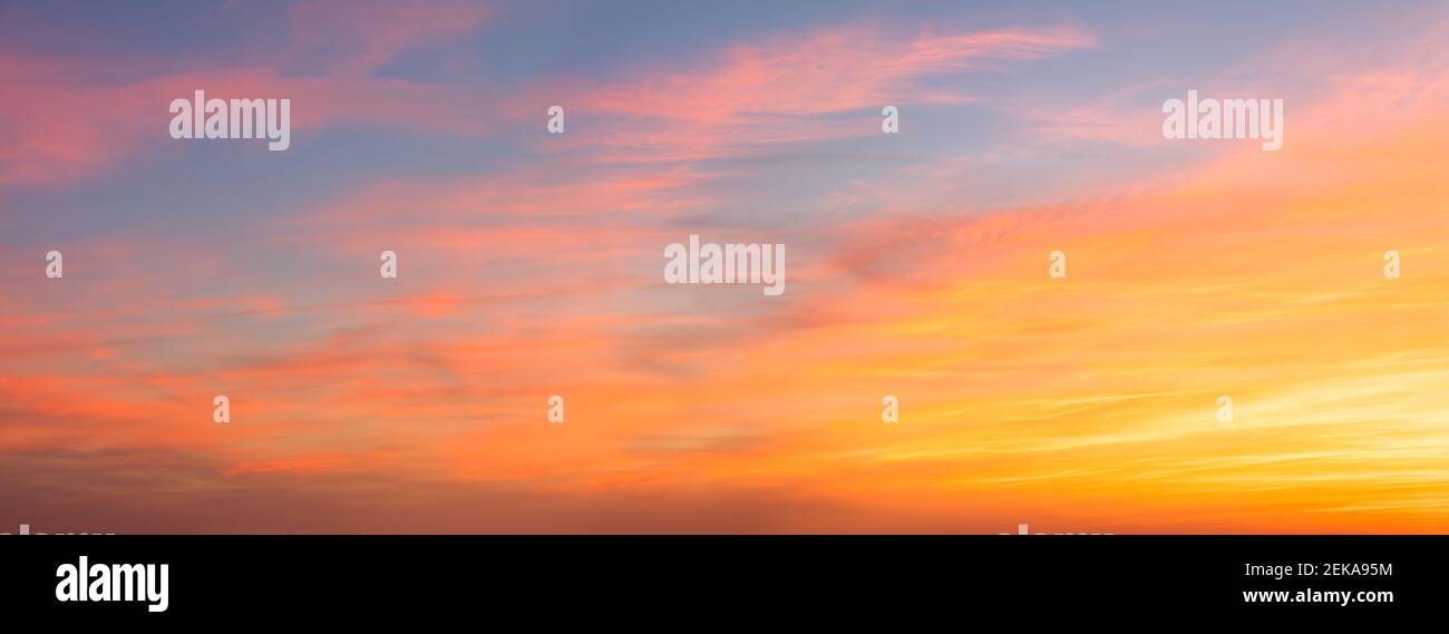 Sky Panoramic view of Sunset Sunrise Sundown Skyscape with clouds, long — free download