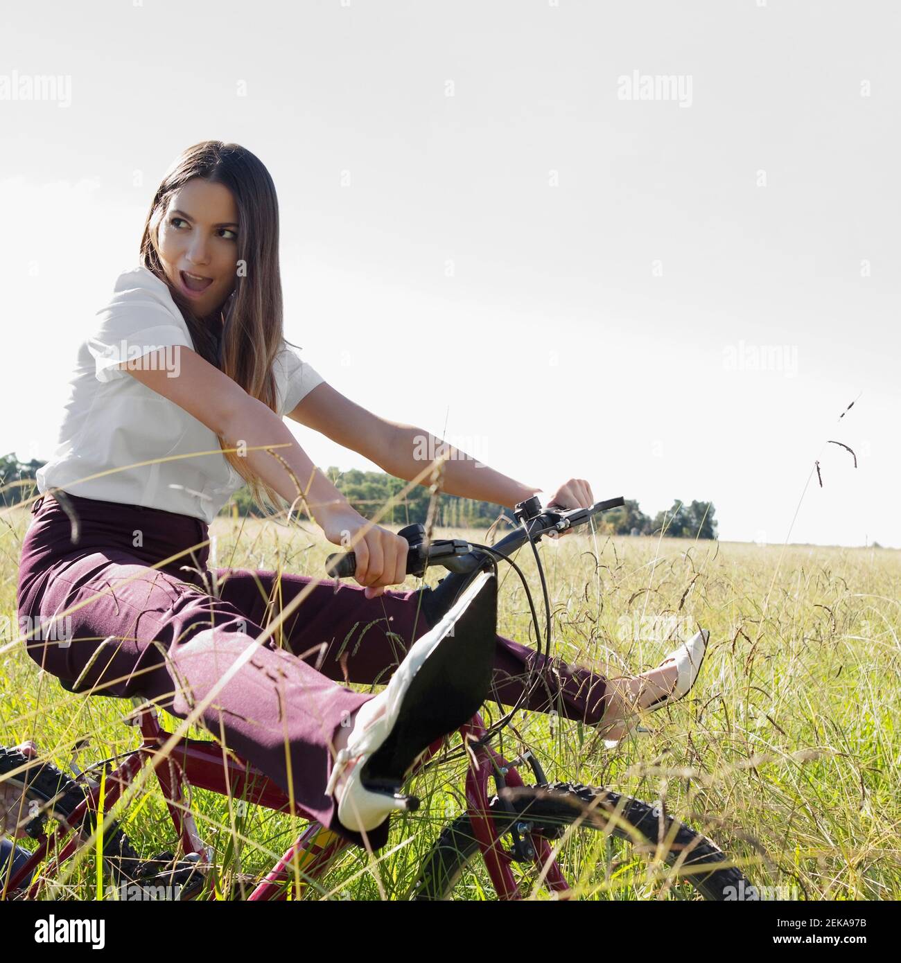Teenage girl cycling in a field Stock Photo - Alamy