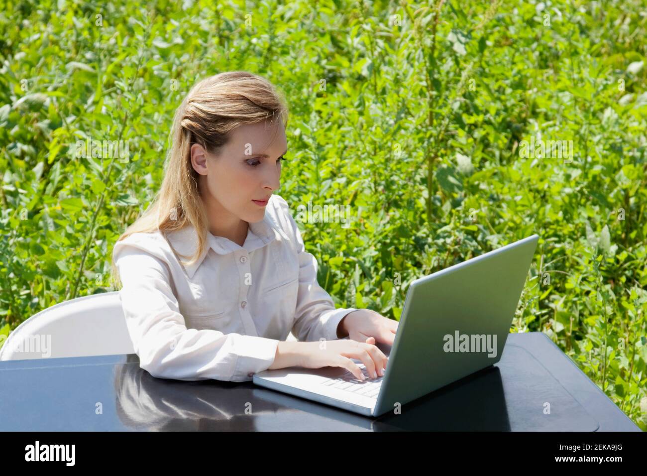 Businesswoman at a desk with a laptop in a field Stock Photo