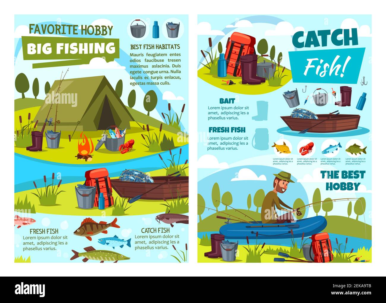 Fishing at lake, fisher tackles and lures or fish catch equipment. Vector fishing hobby adventure at river, fisherman in rubber boat with rod, net and Stock Vector
