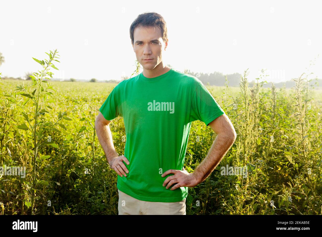 Man standing in a field with arms akimbo Stock Photo - Alamy