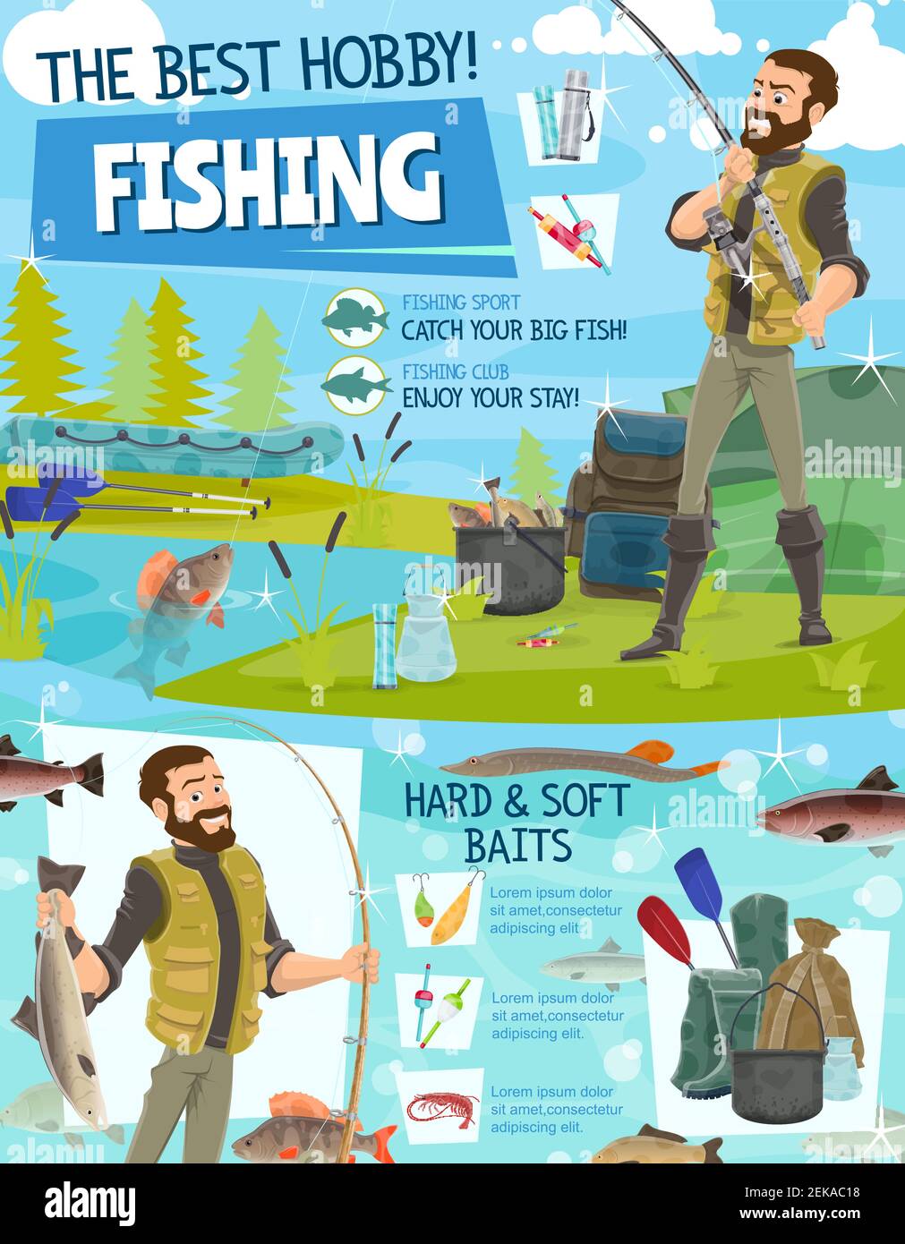 Fishing equipment, fisher hobby and sport adventure. Vector fisherman with rod, rubber boat and tackles or lures in haversack at lake or sea catching Stock Vector