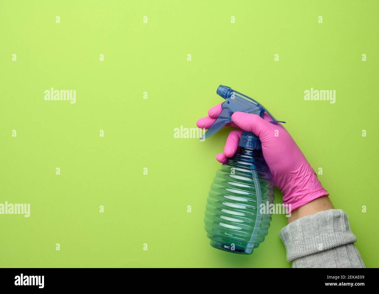 female hand in pink glove holds a transparent plastic spray bottle on ...