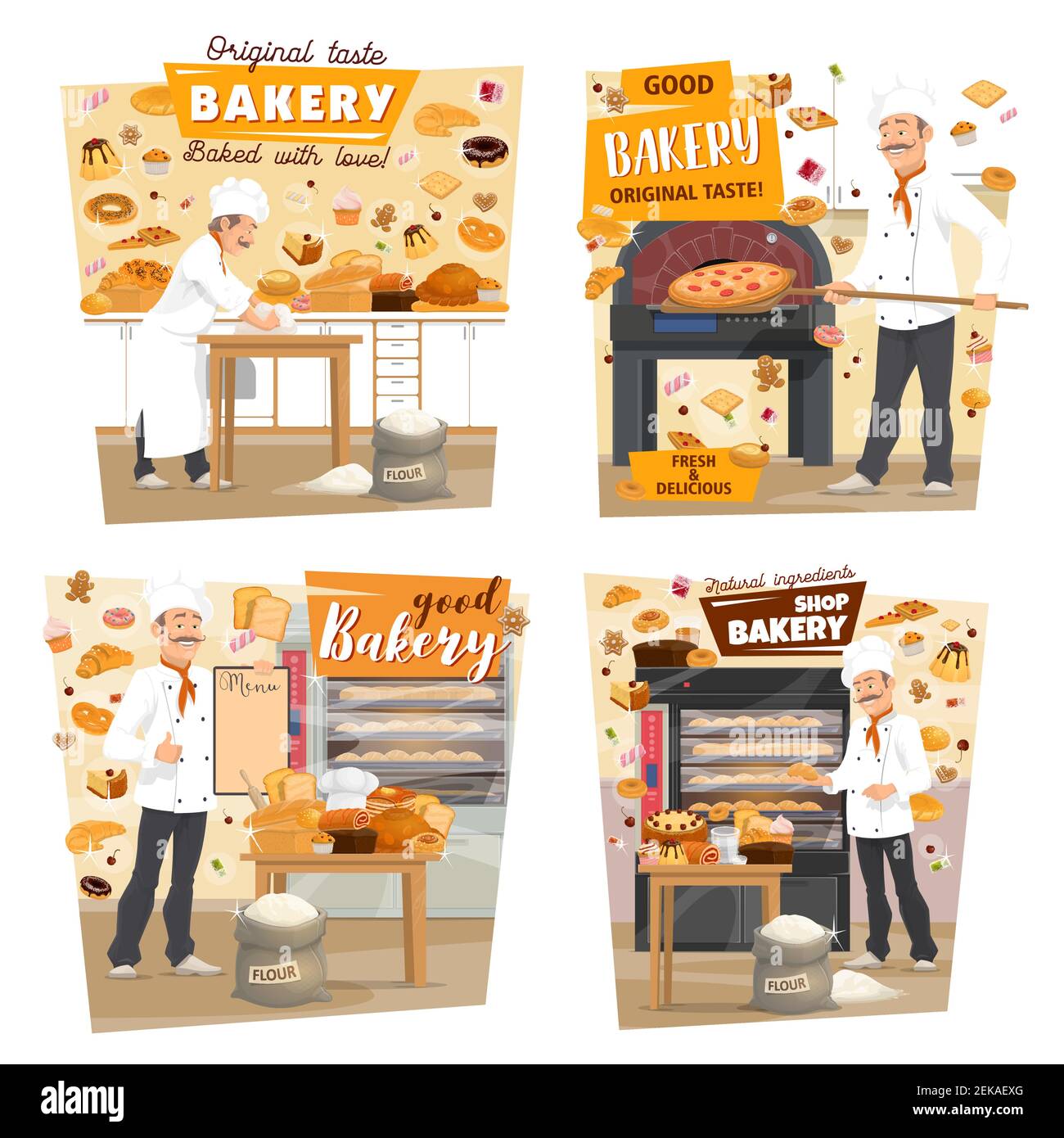 Baked bread and pastry at baker shop. Vector baker man profession, baking pizza and baguettes of wheat flour in oven with patisserie sweet desserts an Stock Vector