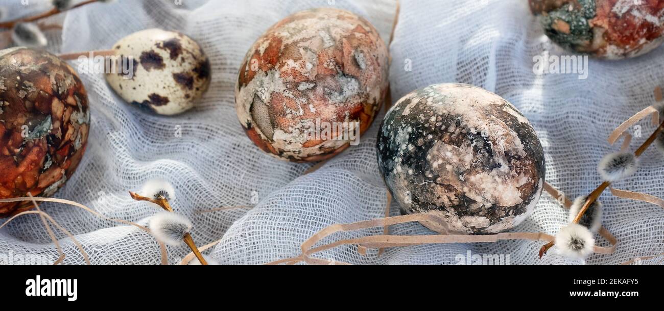 Easter composition - Easter eggs painted with natural dyes on a wooden table. Stock Photo