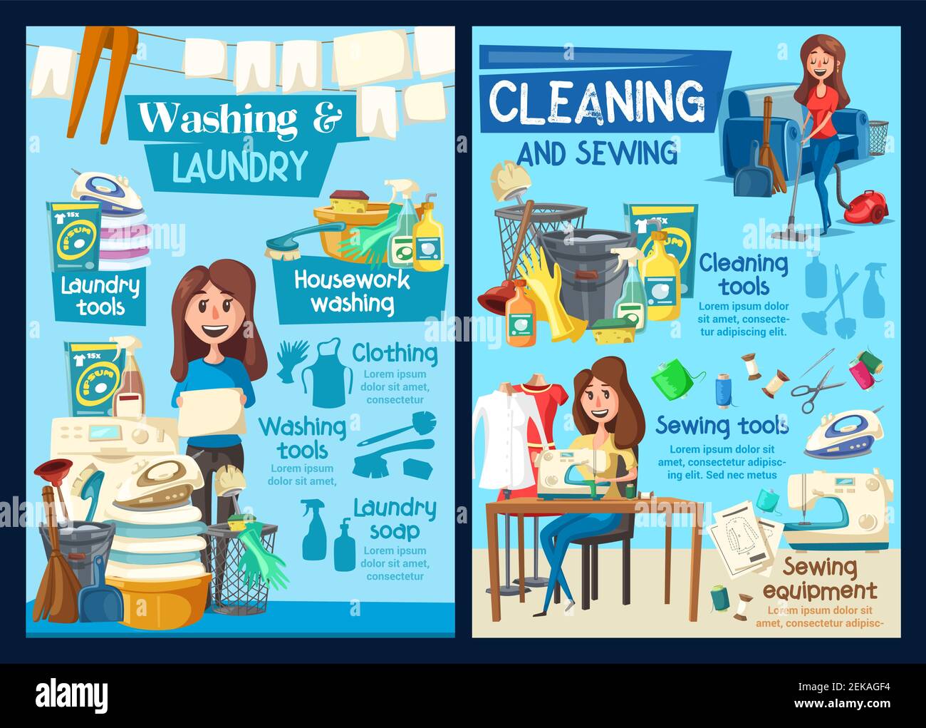 Home laundry washing, house cleaning and needlework service. Vector