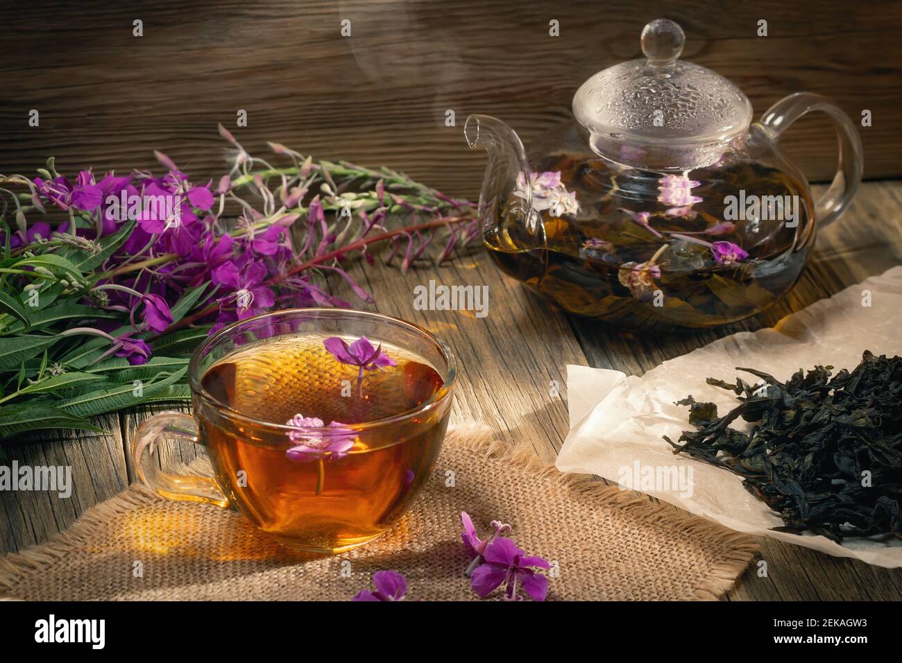 Herbal tea made from fireweed known as blooming sally in teapot and cup
