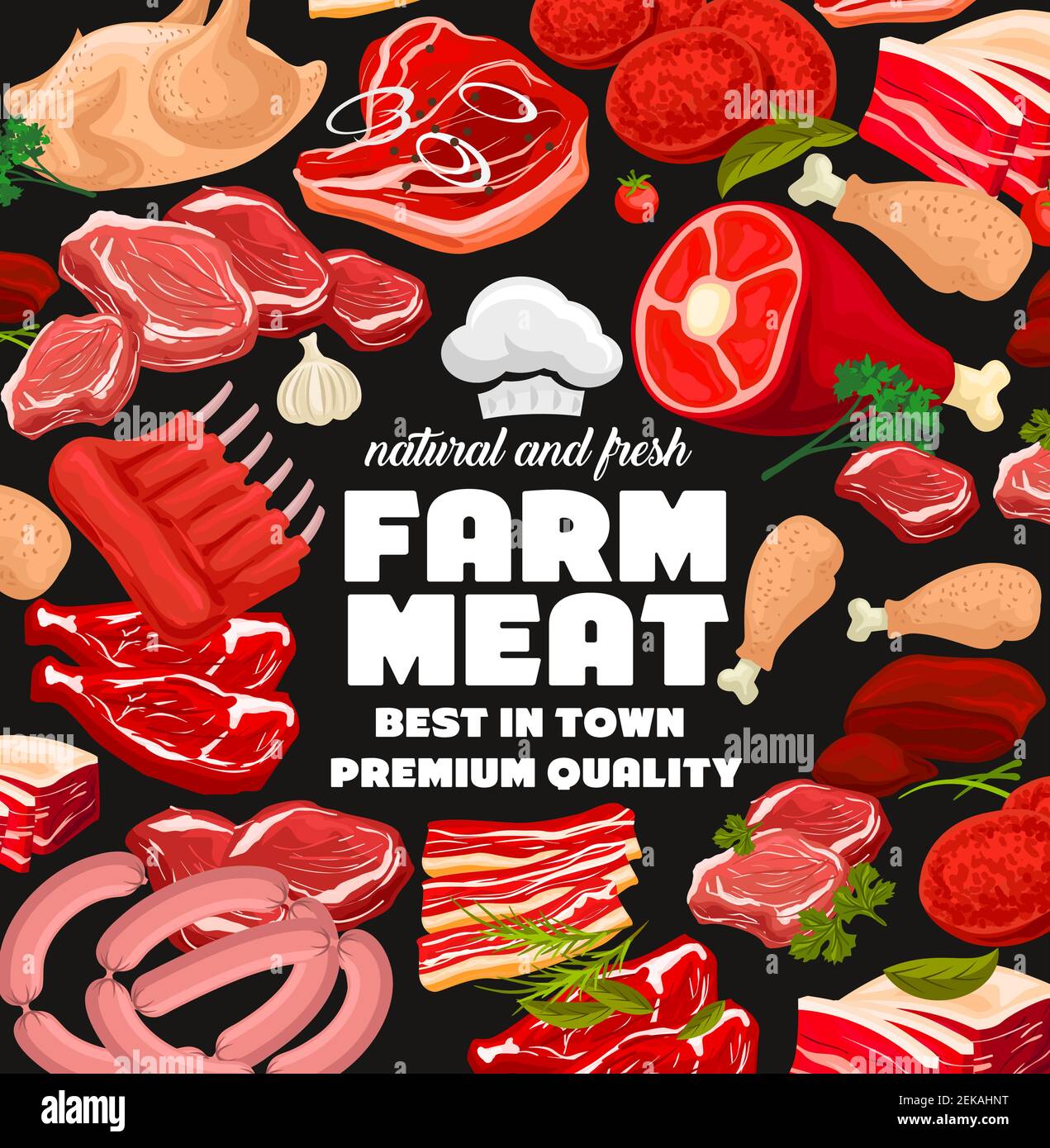 Farm butcher shop poster of meat and sausages. Vector butchery beef and pork meaty products, ham or salami sausage, chicken poultry and mutton ribs or Stock Vector