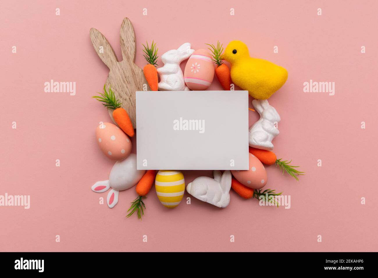 Blank easter greeting card with easter bunny and egg decorations Stock Photo