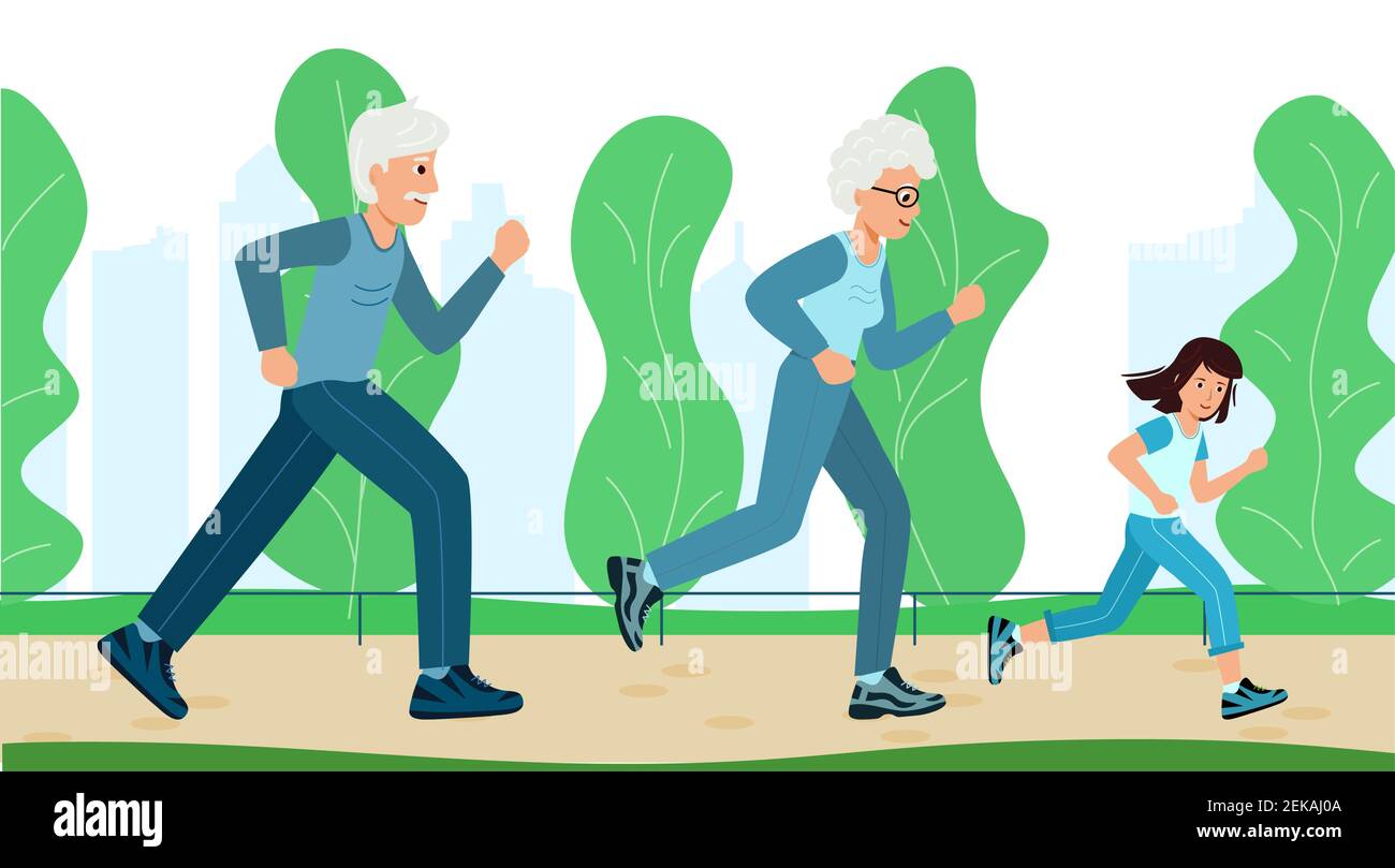 Family training. Grandparents with a child running in Park, the concept ...