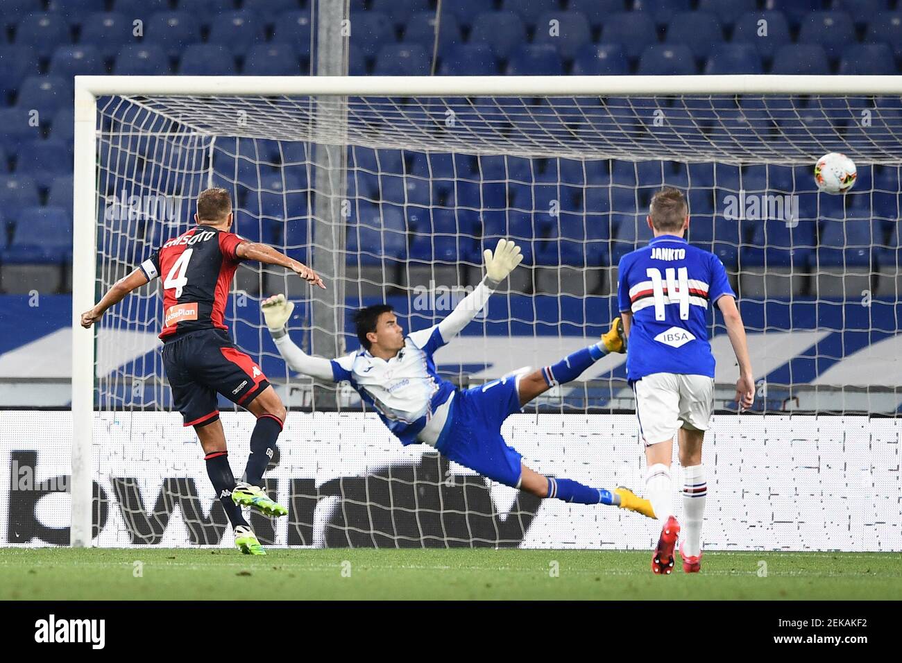 Domenico Criscito Of Genoa Scores On Penalty The Goal Of 0 1 During The Serie A Football Match Between Uc Sampdoria And Genoa Cfc At Stadio Marassi In Genova Italy July 22th Domenico Criscito Of Genoa Scores On Penalty The Goal Of 0 1 During The Serie A Football Match Between Uc Sampdoria And Genoa Cfc At Stadio Marassi In Genova Italy July 22th