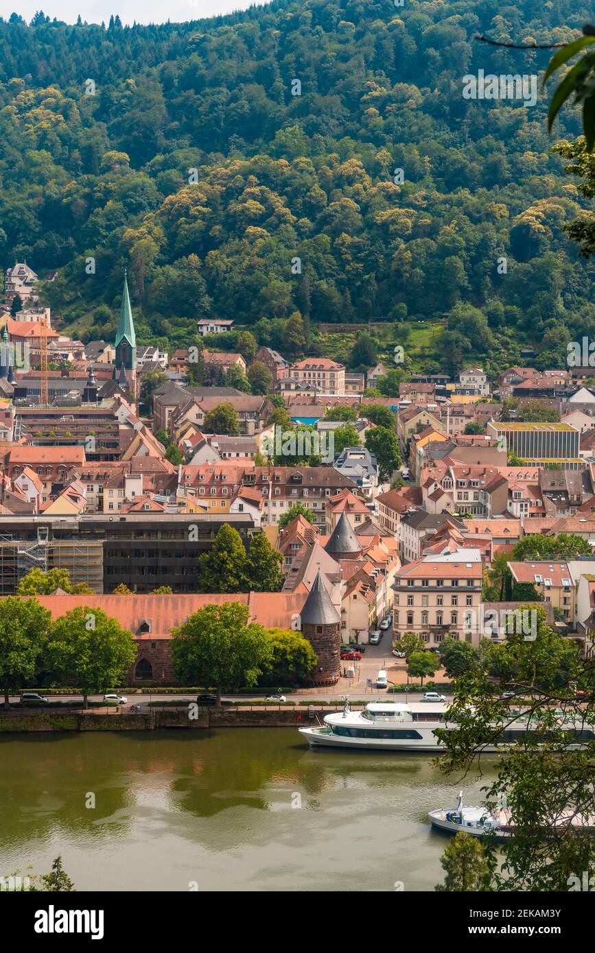 Germany, Baden-Wurttemberg, Heidelberg, Bank of Neckar, historic Marstall building and surrounding old town Stock Photo