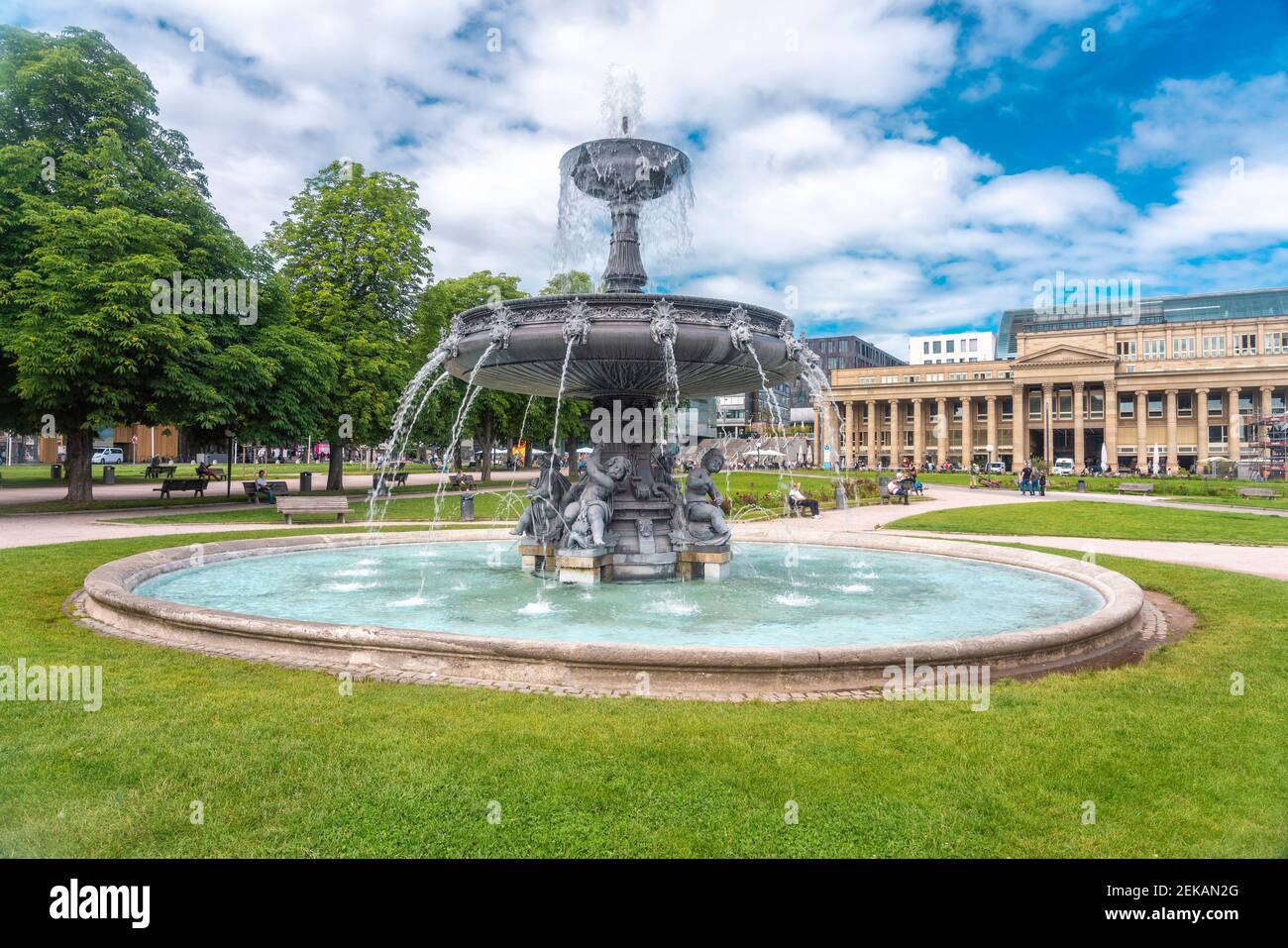 Germany, Baden-Wurttemberg, Stuttgart, Ornate fountain at Schlossplatz square with Konigsbau in background Stock Photo