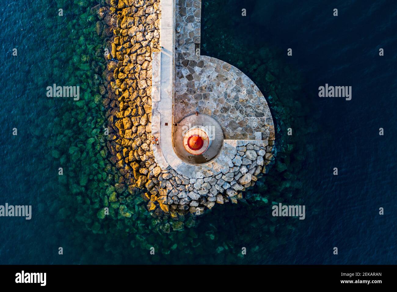 Spain, Balearic Islands, Andratx, Helicopter view of Port D Andratx Lighthouse Stock Photo