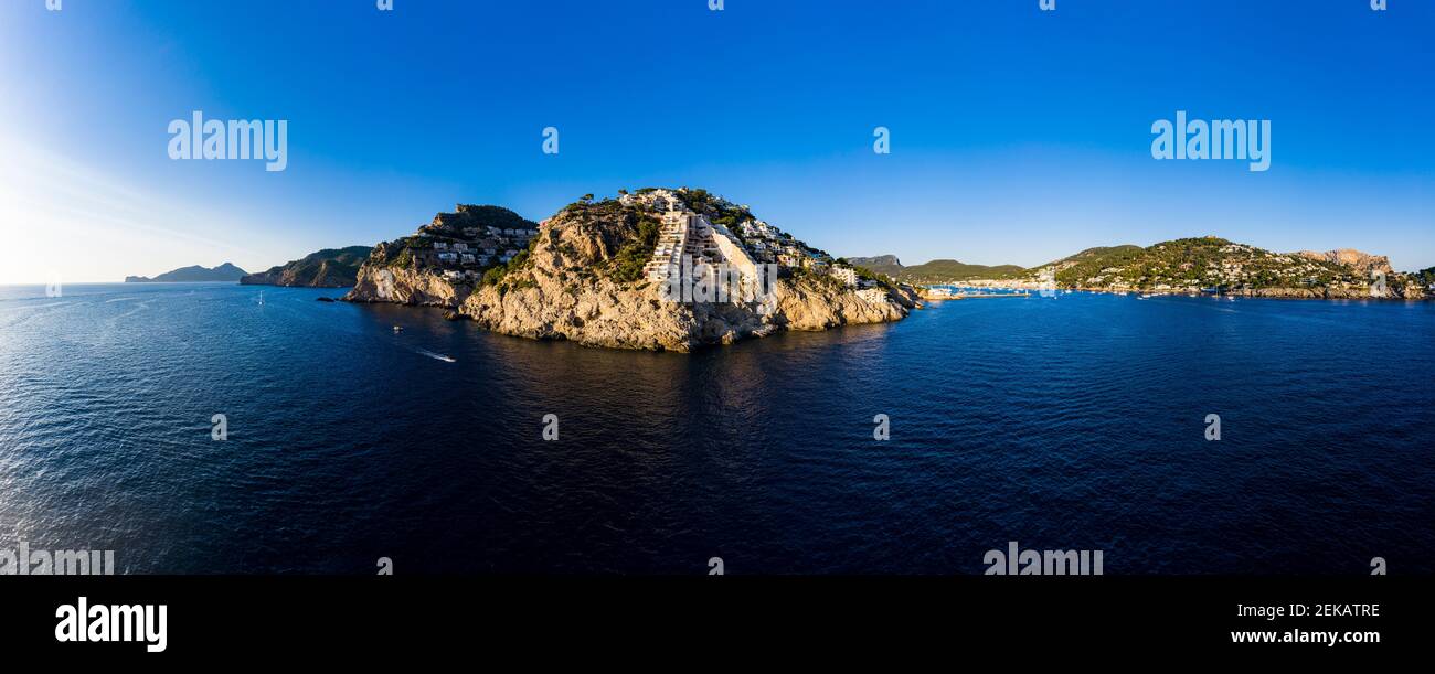 Spain, Mallorca, Andratx, Helicopter view of coastal hills at summer dusk Stock Photo