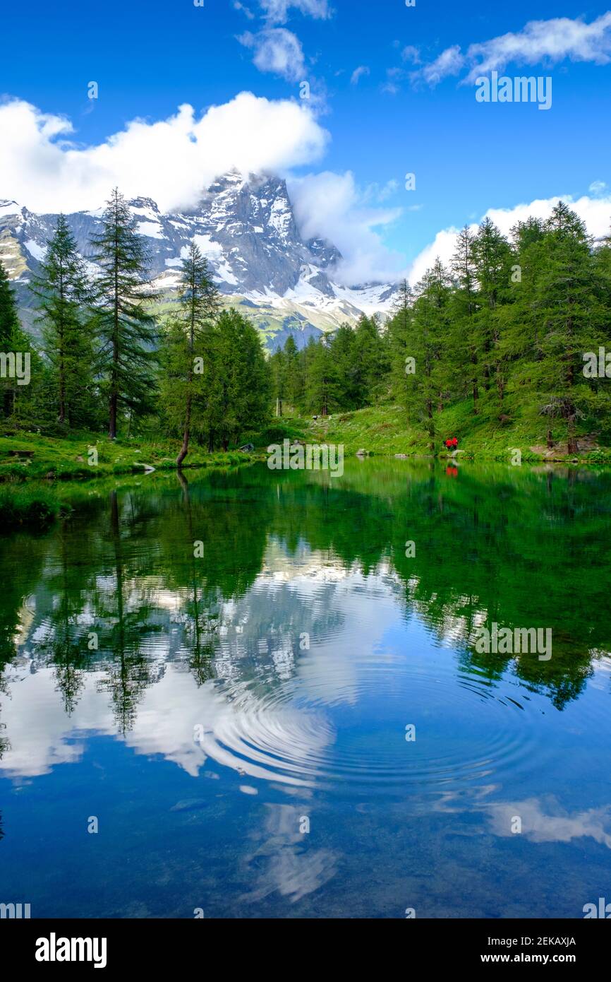 Scenic view of Lago Blu in spring with Matterhorn in background Stock Photo